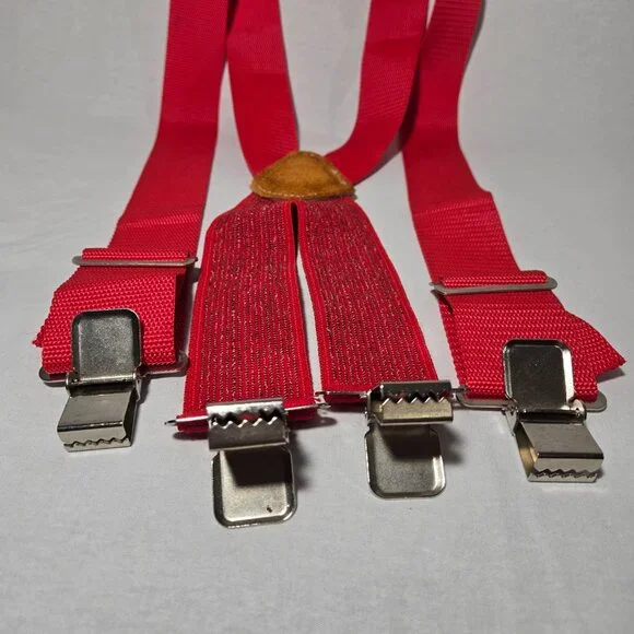 USA Vintage 70's Red CANVAS Straps TOP-GRAIN Leather CLIPS 46" X 2" Suspenders. - Picture 11 of 17